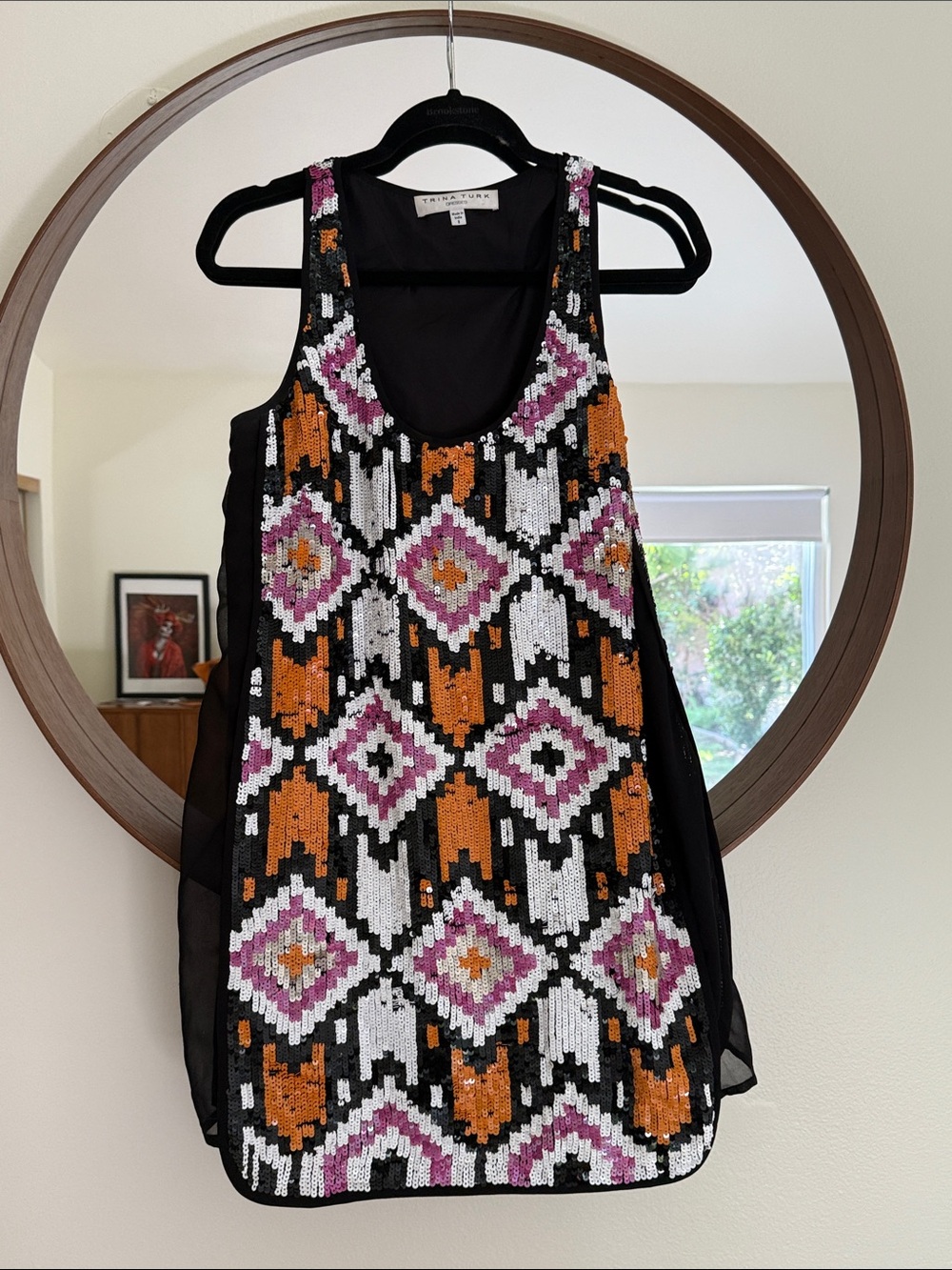 Trina Turk Black Sequin Geo Tank Dress with Orange & Purple Accents